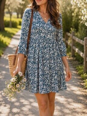 NWT Apricot Teal Floral Tiered V-Neck Oversized Boho Dress Cottagecore Romantic